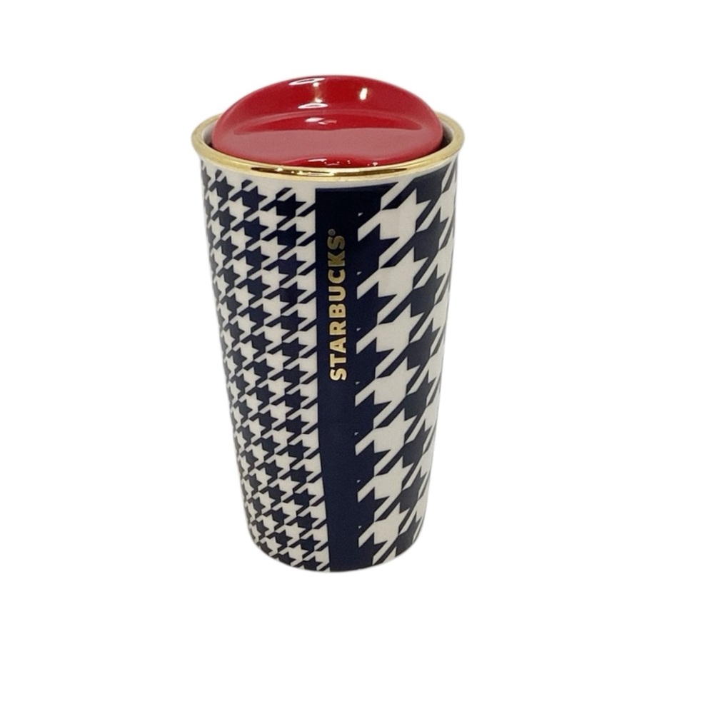 💚 2015 Starbucks Black and White Houndstooth Tumbler with Red Lid